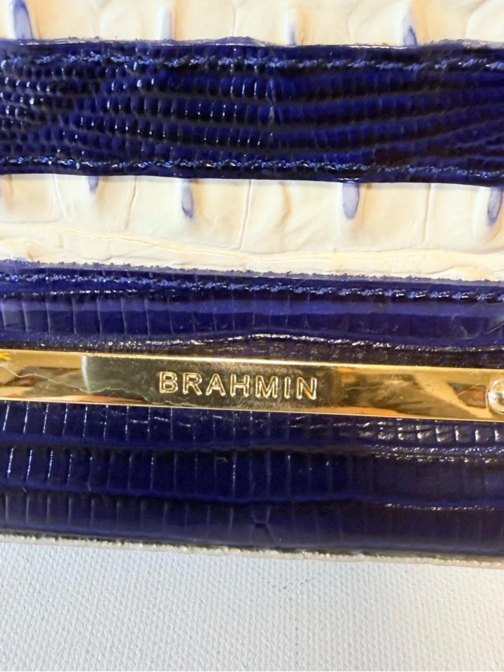 Brahmin Mini Asher Corsica Vineyard Navy Striped Croc Leather Satchel